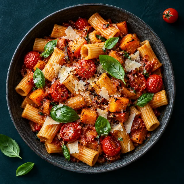 Rigatoni met tomatensaus, basilicum en Parmezaanse kaas in een donkere kom.
